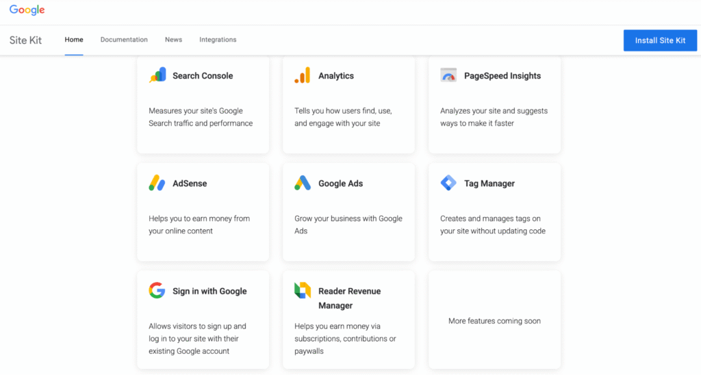 Via Google Site Kit Site Kit features