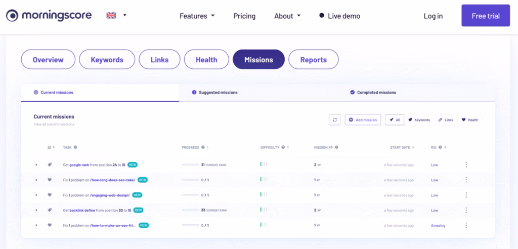 Via MorningScore missions dashboard in morningscore