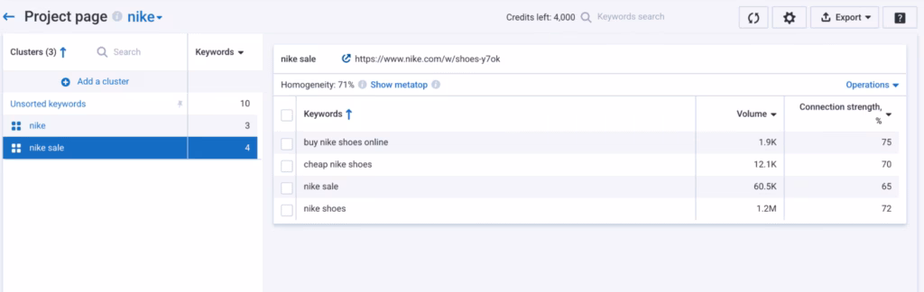 Via Serpstat keyword clusters in serpstat