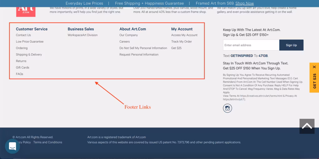 screenshot of a web page with a red box around the footer links