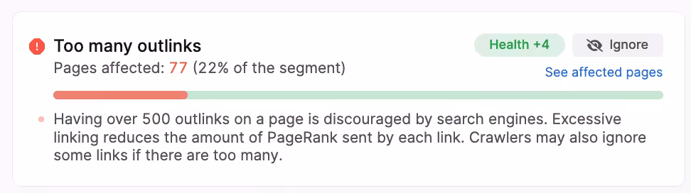 screenshot of the too many outlinks issue in searchatlas site audit report