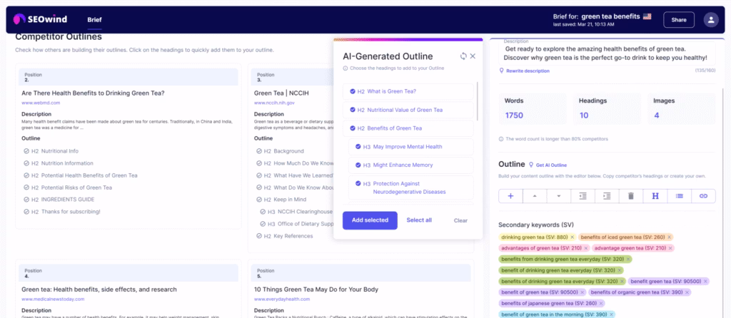 Via SEOwind SEOwind Keyword and AI Outline Example