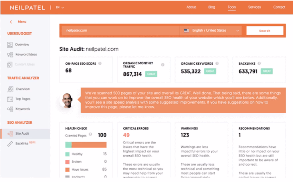 Via Ubersuggest ubersuggest site audit